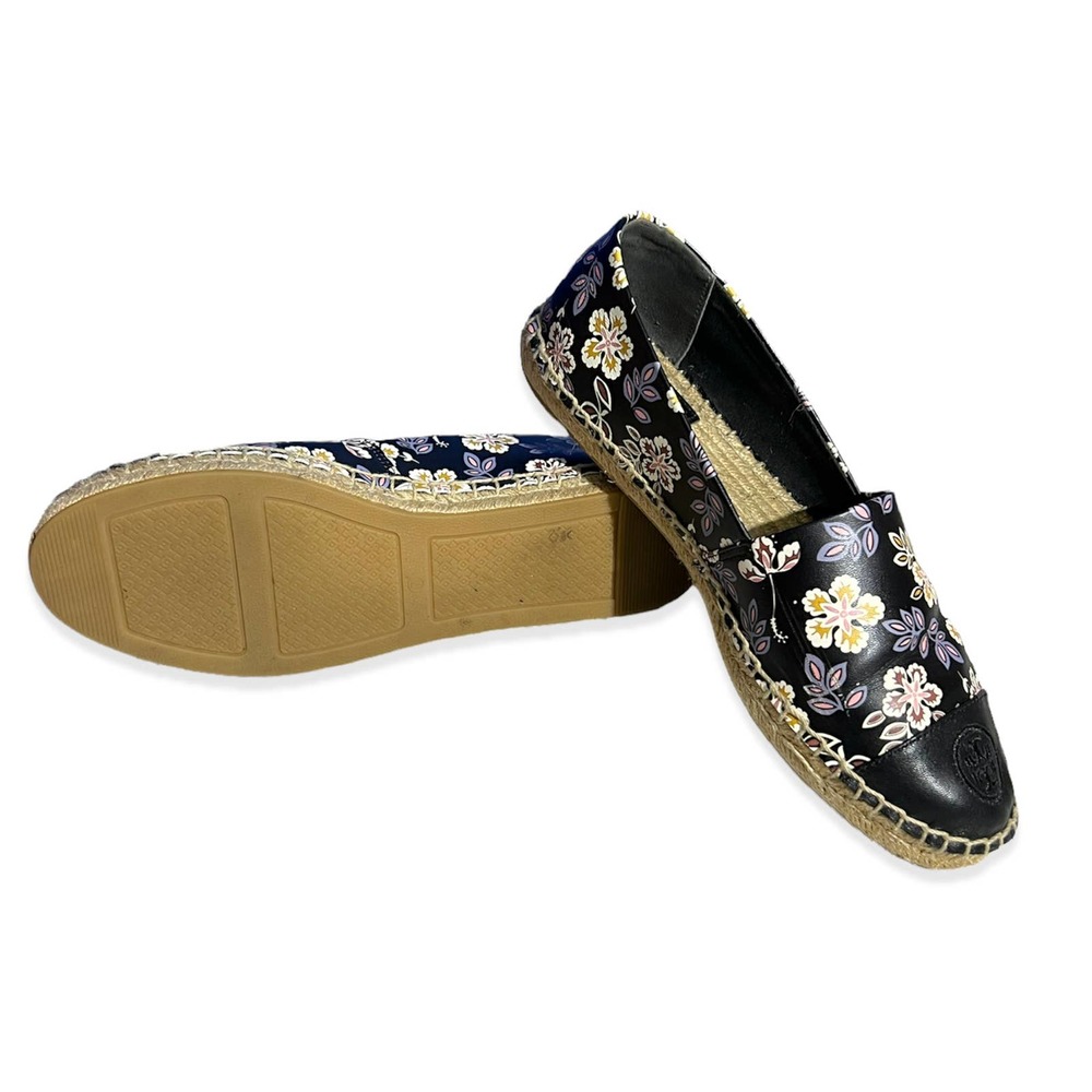 Tory Burch Black Floral Leather Colorblock Slip On Espadrille Flat | 7 - Picture 4 of 8